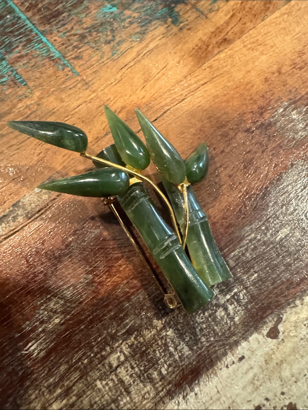 Green Jade Bamboo Leaf Pin Brooch